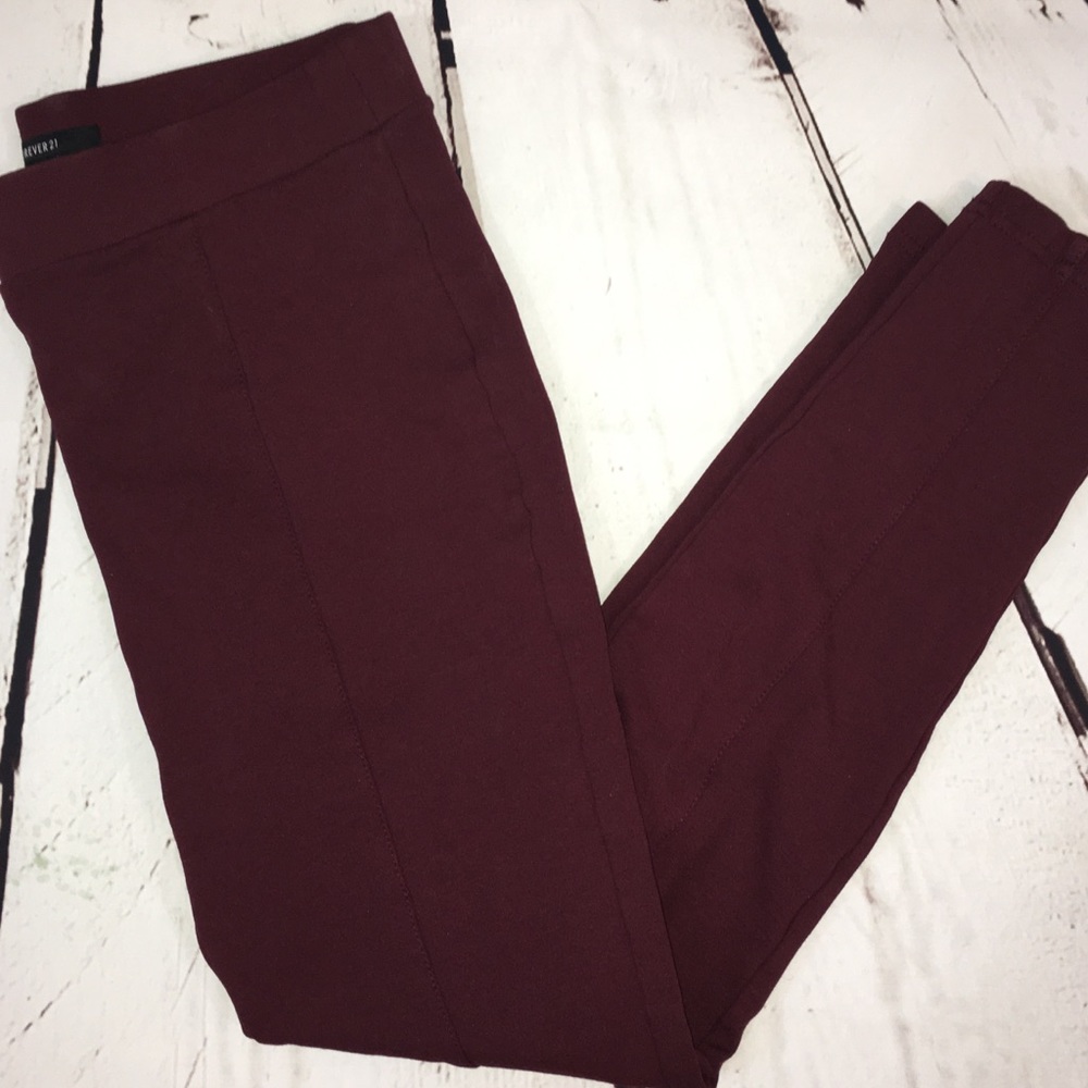 F21 Dark Maroon Center Seam Stretchy Leggings